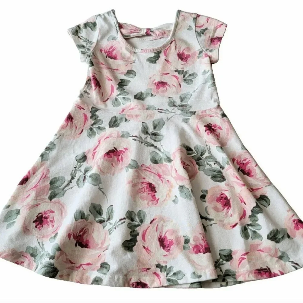 The Children's Place Floral Skaters Dress Short Sleeves Pink Green Sz 4T